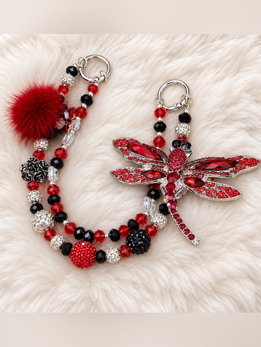 Red Dragonfly Pendant Beaded Statement bag charm